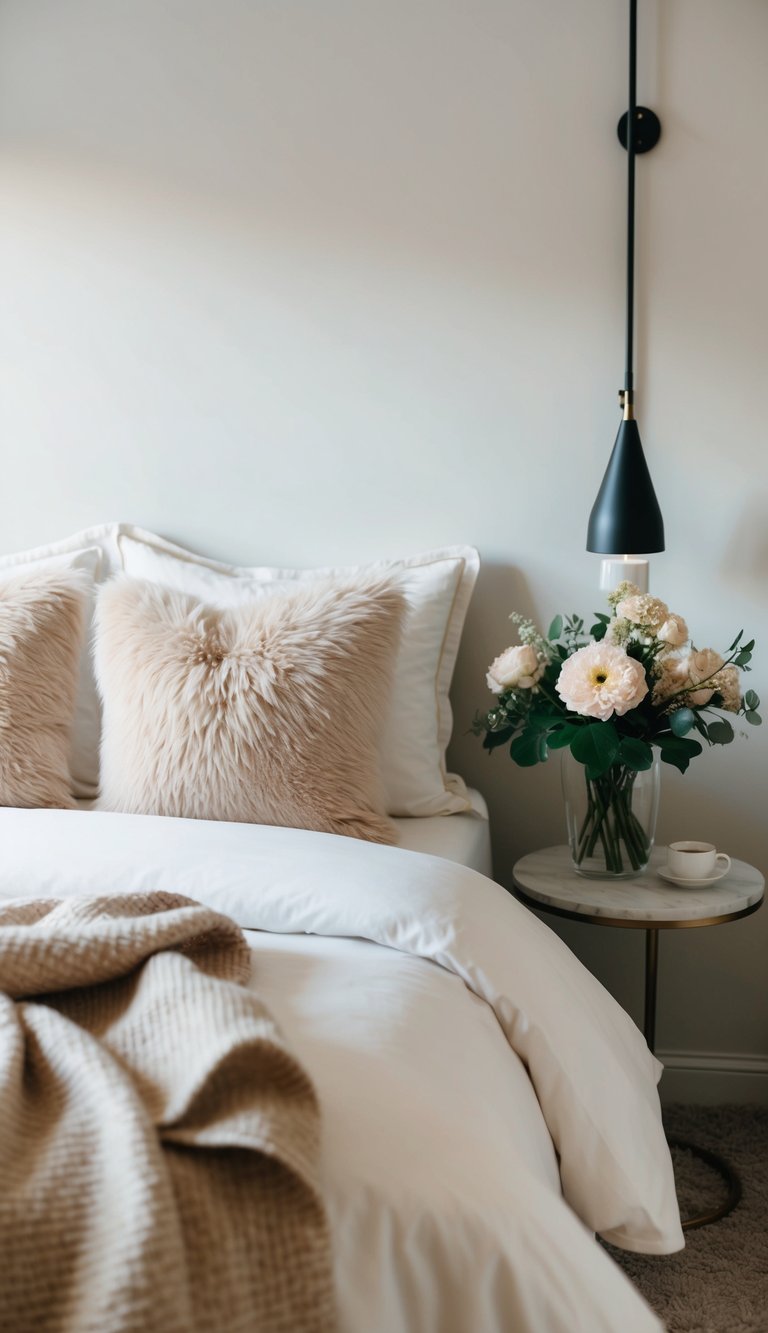 A neatly made bed with fluffy pillows and a warm throw blanket. Soft lighting and a vase of fresh flowers on a bedside table