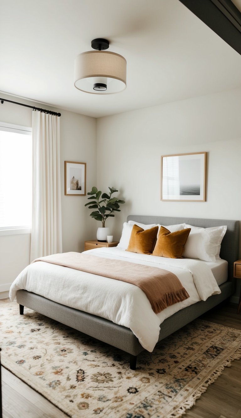 A cozy guest bedroom with a stylish area rug, minimal decor, and soft lighting