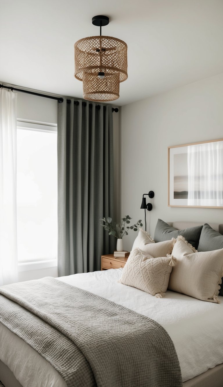 A cozy guest bedroom with blackout curtains, a neutral color palette, and minimal decor