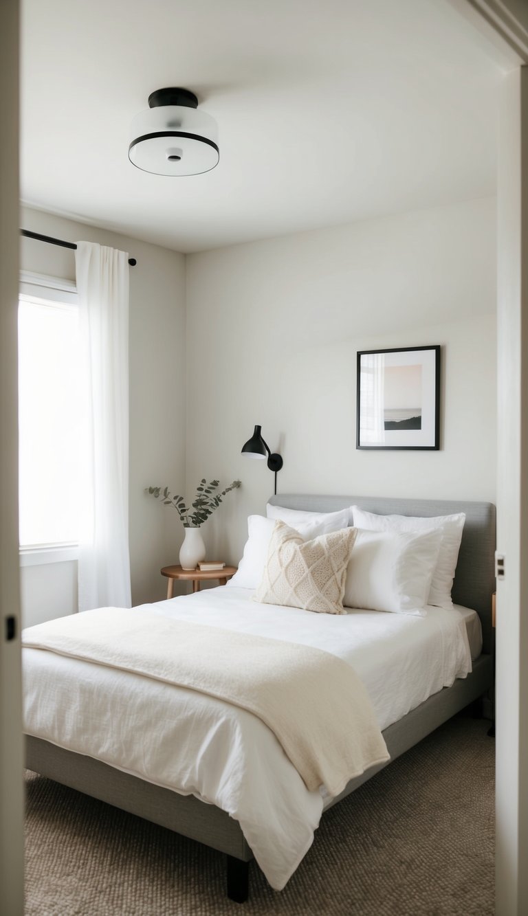 Soft light fills a cozy guest bedroom. A simple, uncluttered design with minimal decor creates a peaceful atmosphere