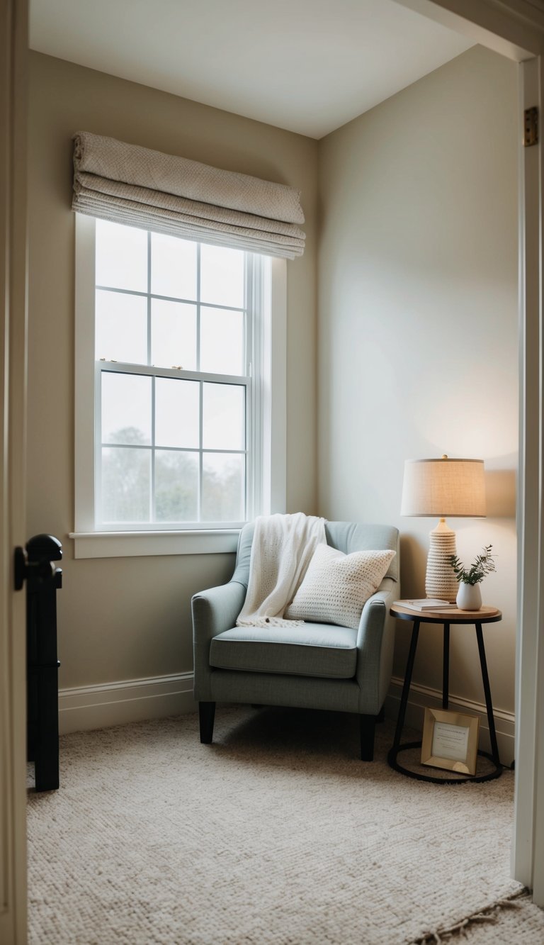A cozy reading nook nestled in the corner of a simple guest bedroom, complete with a comfortable chair, a soft throw blanket, and a small side table with a lamp