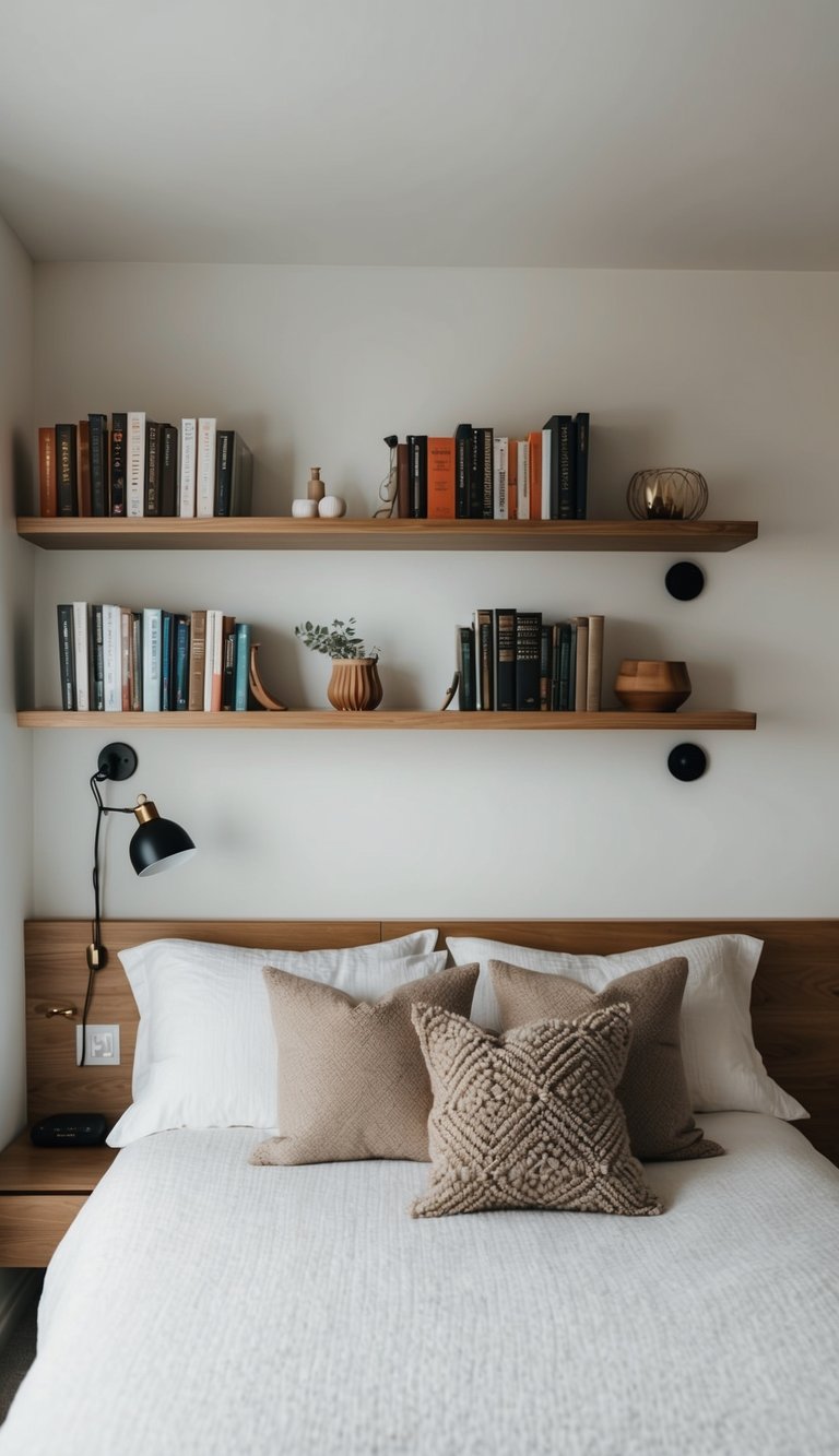 A cozy guest bedroom with minimal decor and floating shelves displaying books and decorative items
