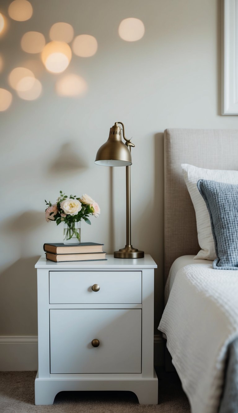 A multifunctional nightstand sits beside a cozy bed in a simple guest bedroom, adorned with a small lamp, a vase of fresh flowers, and a stack of books