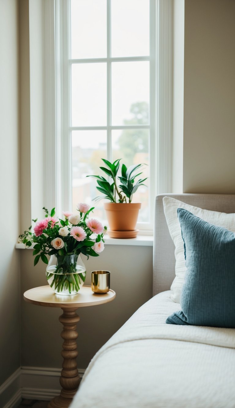 A cozy guest bedroom with a vase of fresh flowers on a bedside table, and a potted plant on a windowsill