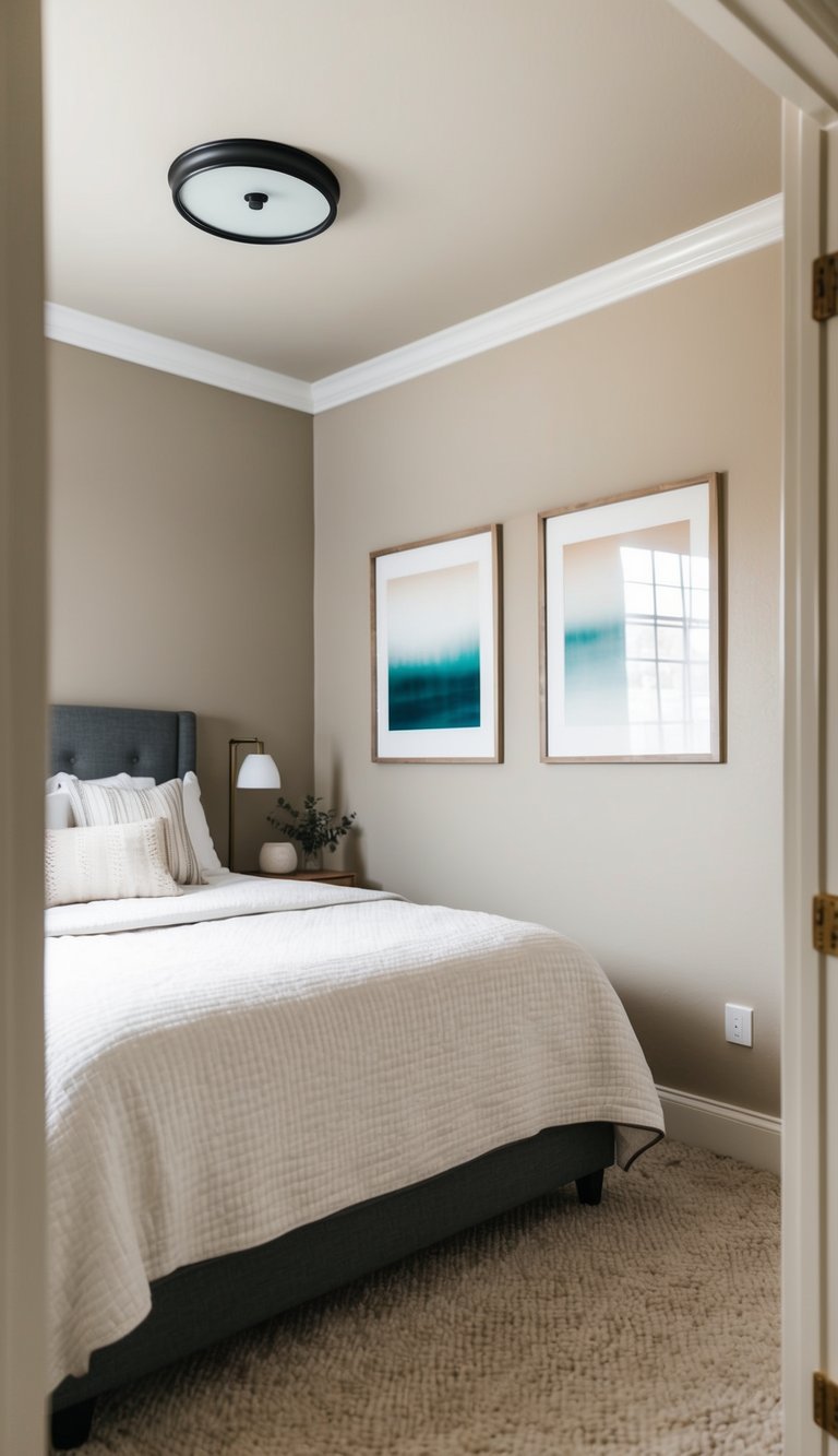 A cozy guest bedroom with neutral walls, a comfortable bed, and simple wall art hanging above it