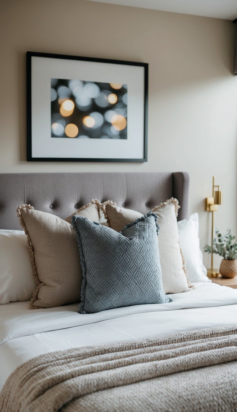 A cozy guest bedroom with a neatly made bed adorned with extra throw pillows, creating a welcoming and inviting atmosphere