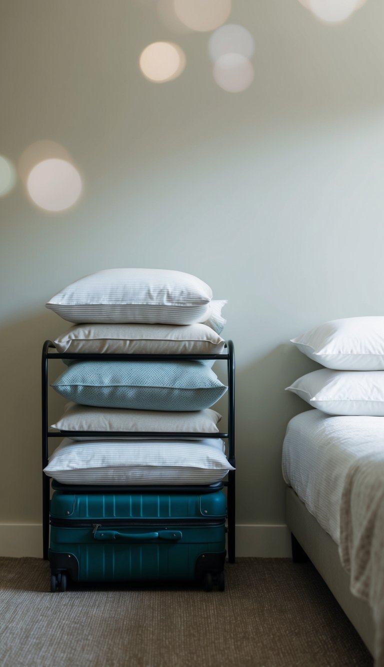 A luggage rack sits against a wall in a simple guest bedroom, with neatly folded blankets and pillows stacked on top