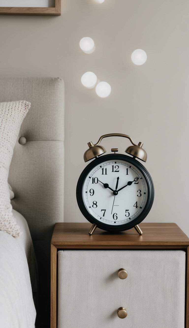 A bedside clock sits on a simple wooden nightstand in a cozy guest bedroom with neutral tones and minimal decor