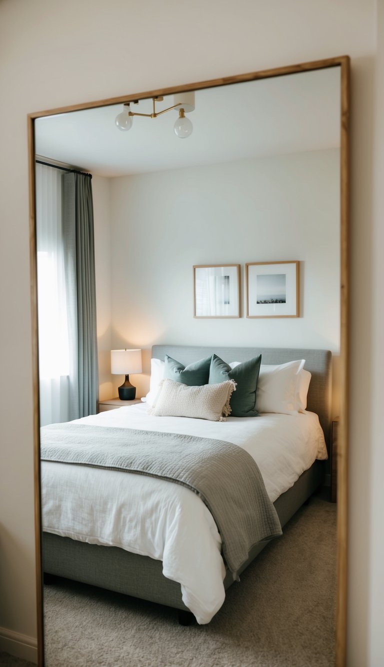 A cozy guest bedroom with a large mirror reflecting the simple decor, including a comfortable bed, soft lighting, and minimalistic furnishings