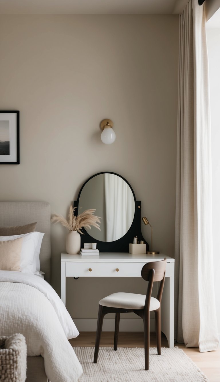 A small desk or vanity in a cozy, minimalist guest bedroom with neutral colors and soft lighting