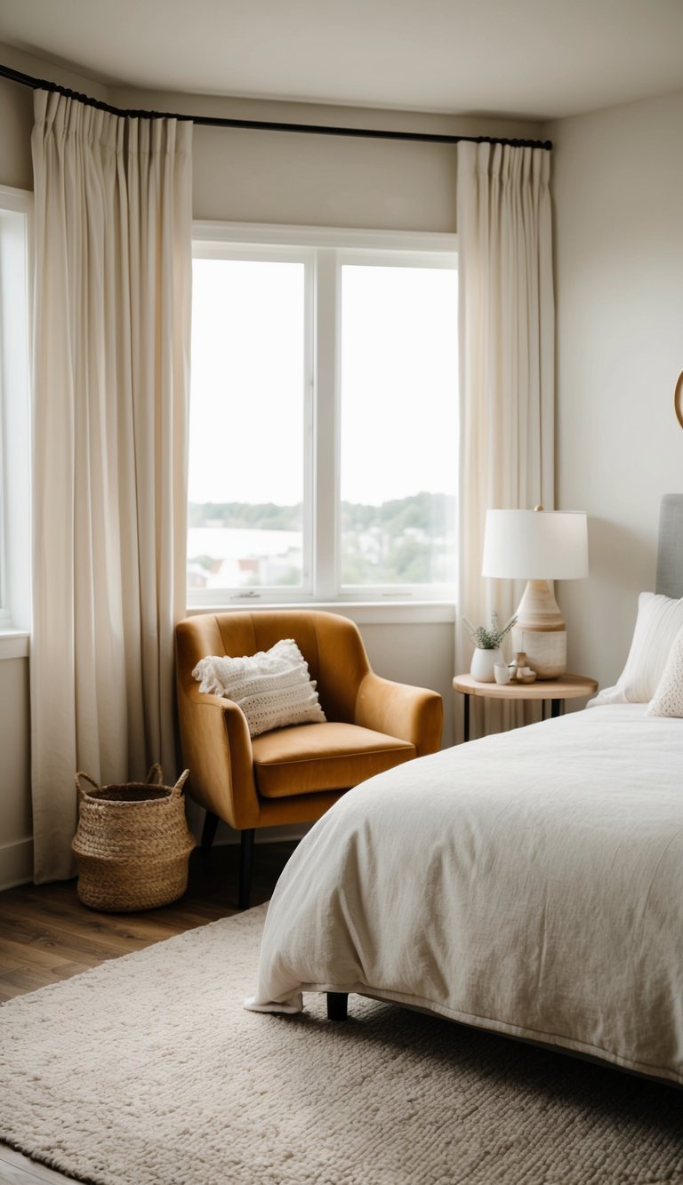 A cozy bedroom with a comfortable chair, soft bedding, and simple decor