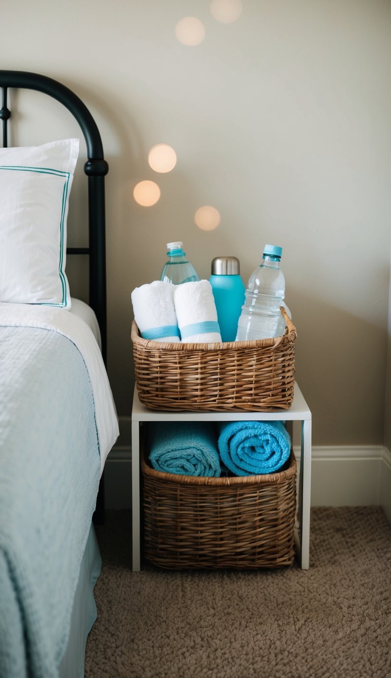 A wicker basket filled with towels, toiletries, and water bottles sits on a nightstand next to a cozy bed in a simple guest bedroom