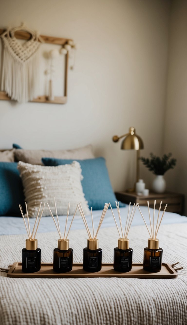 A cozy guest bedroom with a simple decor, featuring scent diffusers placed around the room to create a relaxing atmosphere