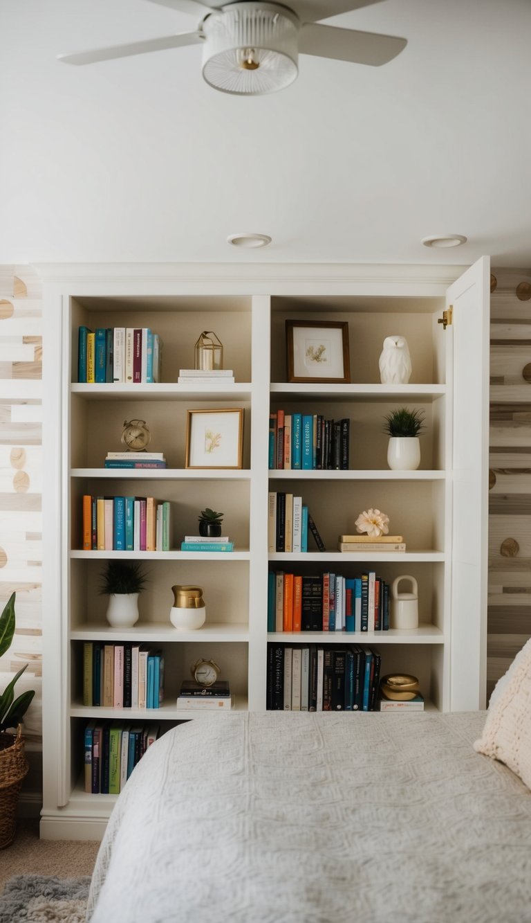 A small bookshelf being installed in a cozy guest bedroom, with 24 simple decor ideas displayed on the shelves