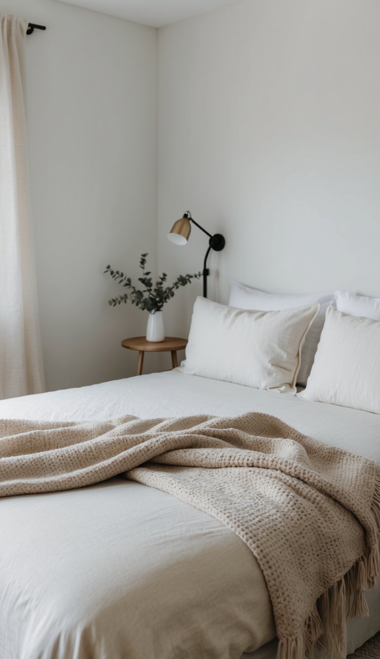 A cozy blanket draped over a neatly made bed in a simple guest bedroom, with soft lighting and minimal decor