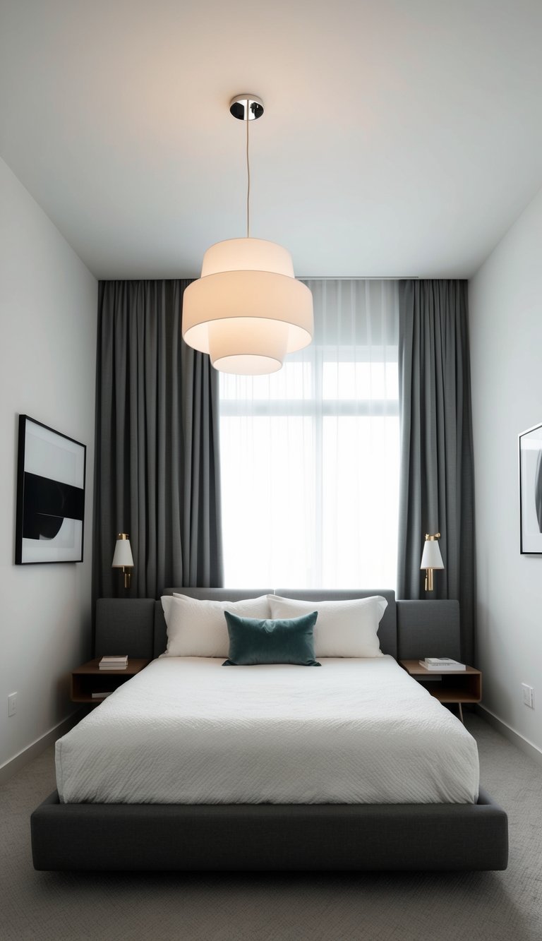 A modern, minimalist guest bedroom with a large, eye-catching statement light fixture hanging from the ceiling