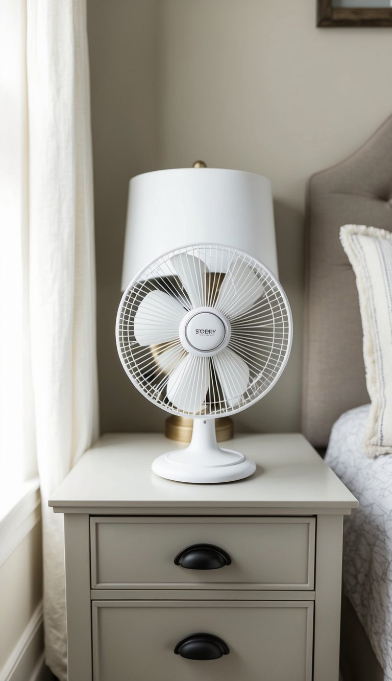 A small fan sits on a nightstand in a cozy guest bedroom with simple decor and neutral color palette