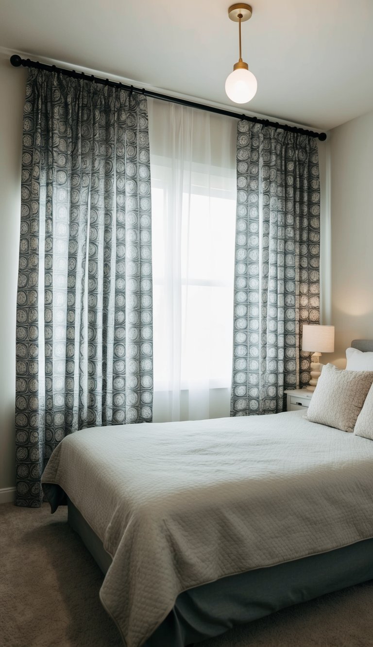 Patterned curtains hang in a simple guest bedroom with a cozy bed, nightstand, and soft lighting