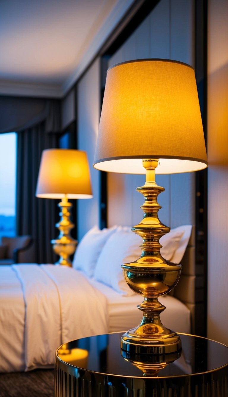 Two elegant gold-leaf bedside lamps illuminate a luxurious bedroom, casting a warm and inviting glow