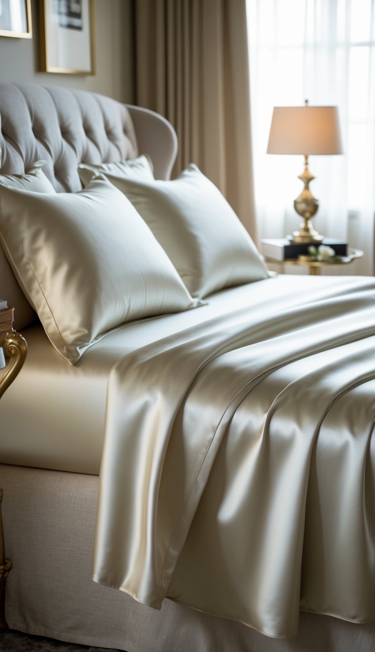 Silk Egyptian cotton sheets draped over a plush bed with elegant decor and soft lighting