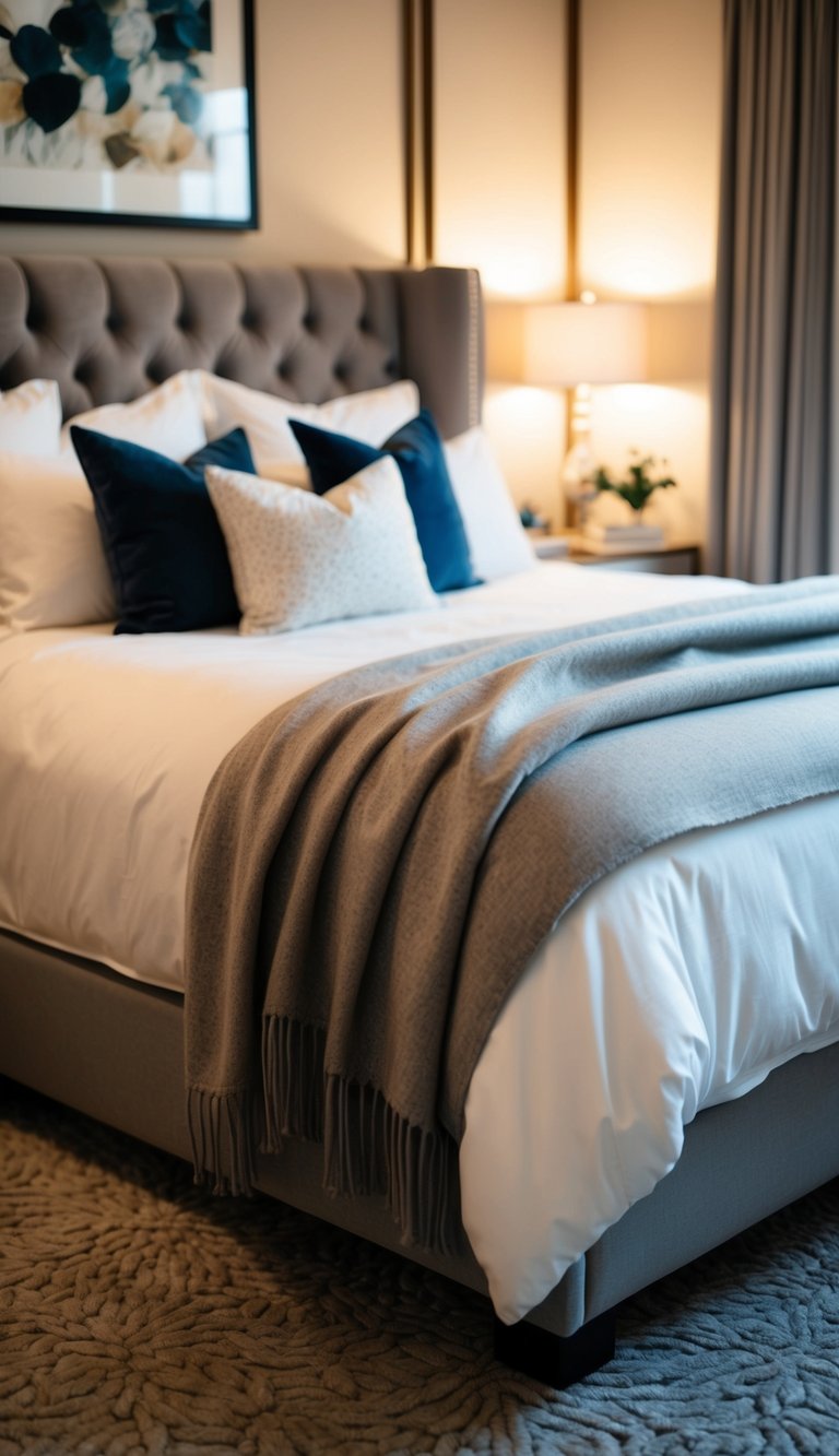 A cozy bedroom with a cashmere throw blanket draped over a plush bed, surrounded by luxurious decor and soft lighting