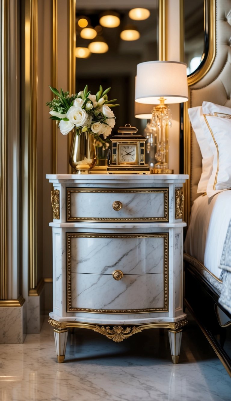 A marble nightstand adorned with luxurious decor, set within an opulent bedroom