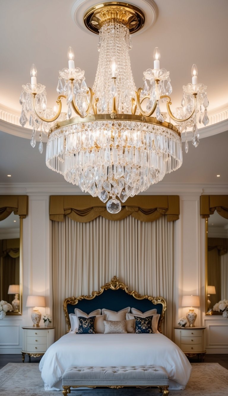 A grand crystal chandelier hangs above an opulent bedroom with luxurious decor and elegant furnishings