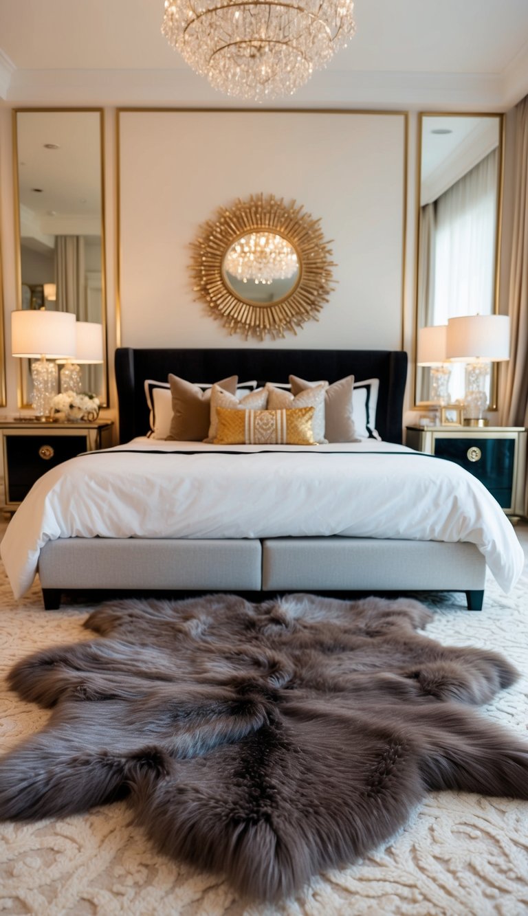 A plush faux fur rug lies in the center of a luxurious bedroom, surrounded by opulent decor and soft lighting