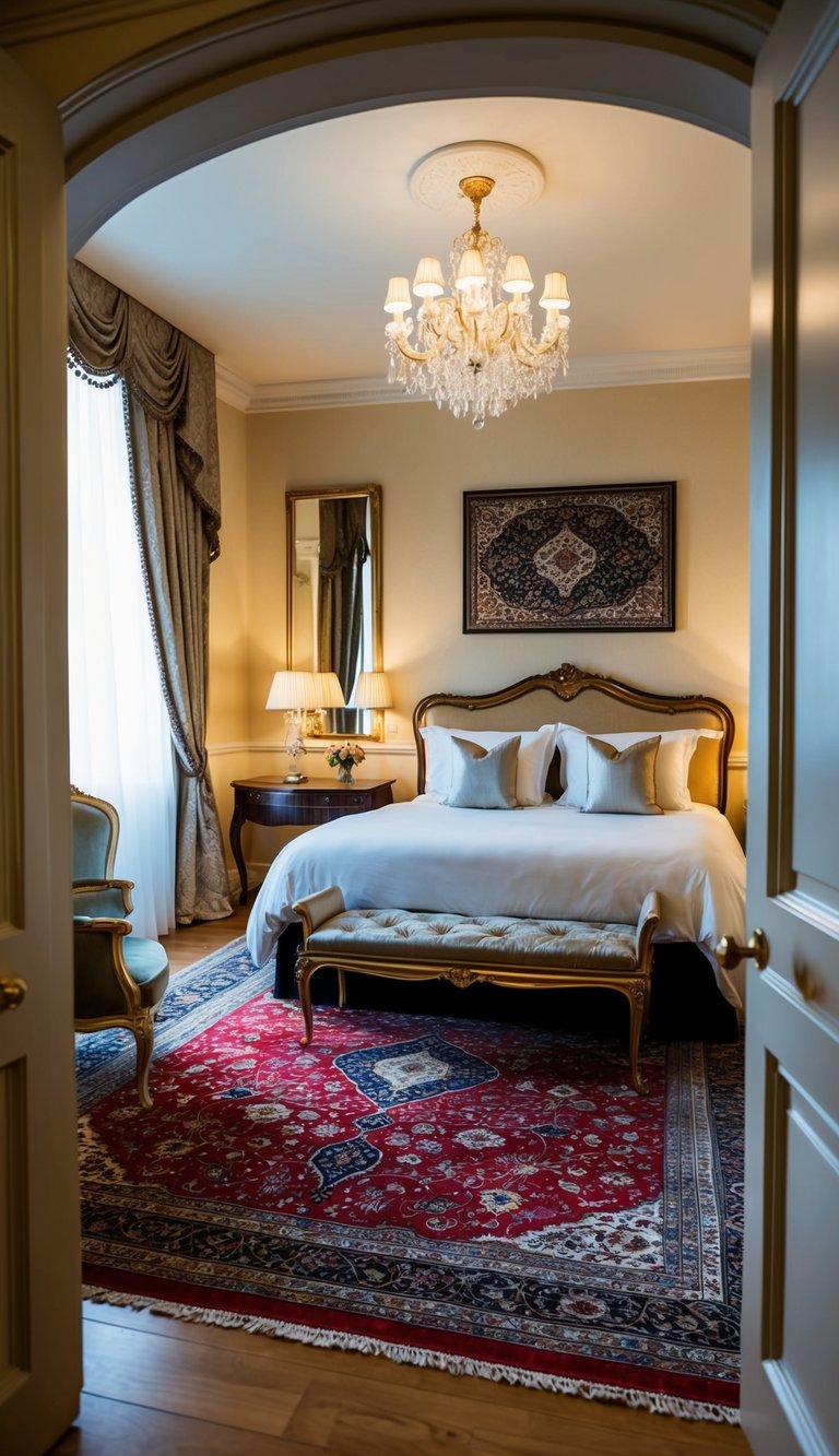 A luxurious bedroom with vintage Persian carpets, elegant furniture, and soft lighting