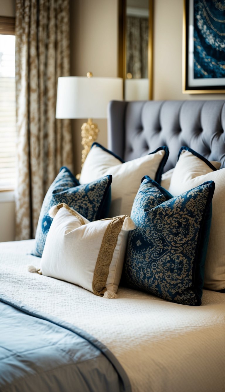 A luxurious bedroom with designer accent pillows arranged on a bed, creating a cozy and elegant atmosphere. Rich fabrics and textures add a touch of opulence