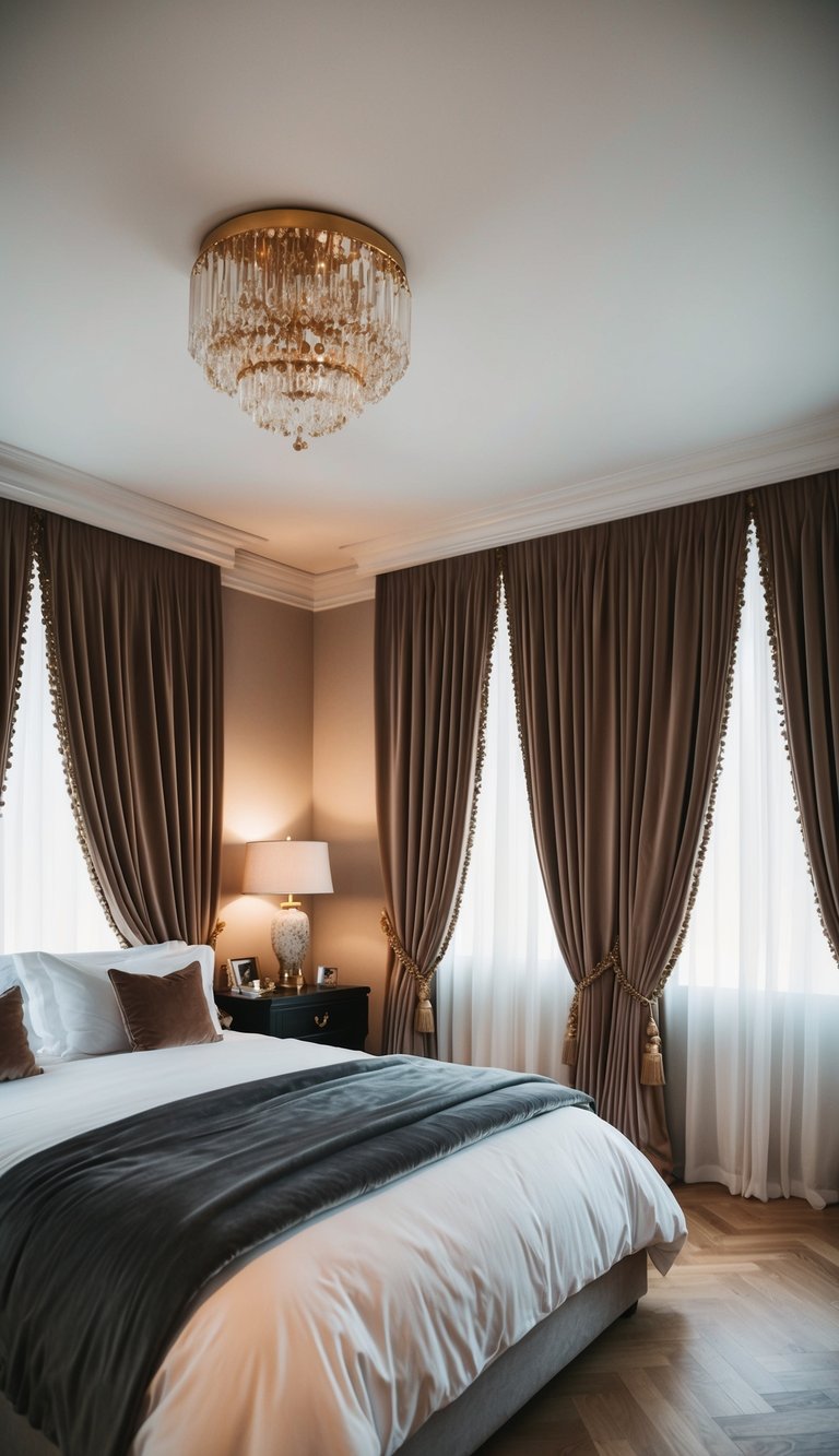 A luxurious bedroom with blackout velvet curtains, soft lighting, and elegant decor