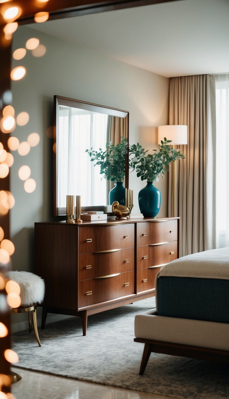 A mid-century modern dresser surrounded by luxurious bedroom decor