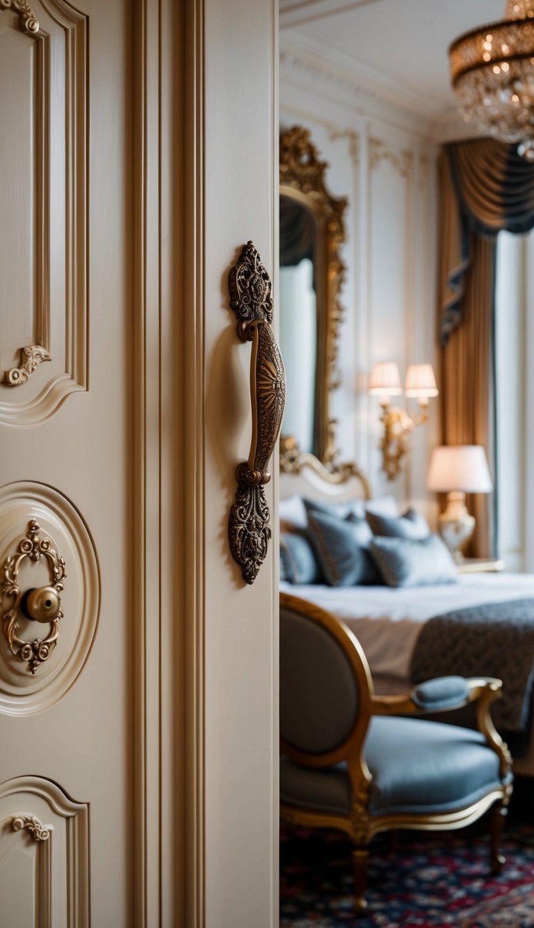 An ornate brass doorknob on a grand bedroom door, surrounded by opulent decor and luxurious furnishings