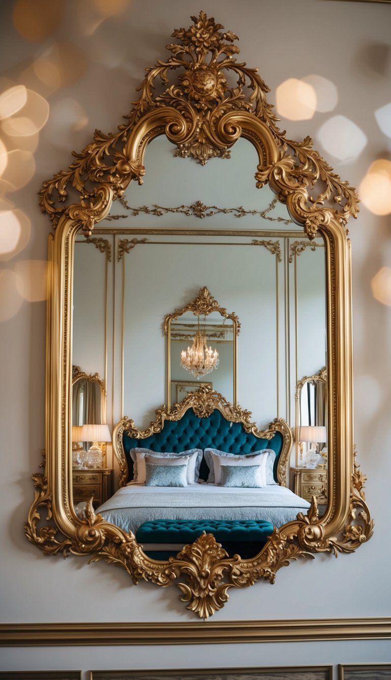 A grand, ornate wall mirror reflects the opulent decor of a luxurious bedroom