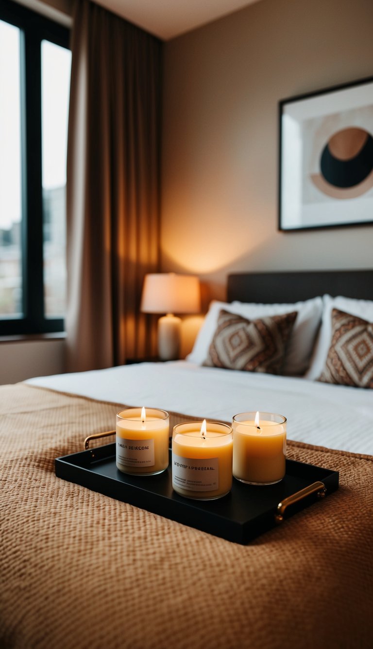 A cozy bedroom with scented soy candles creating a warm and luxurious atmosphere