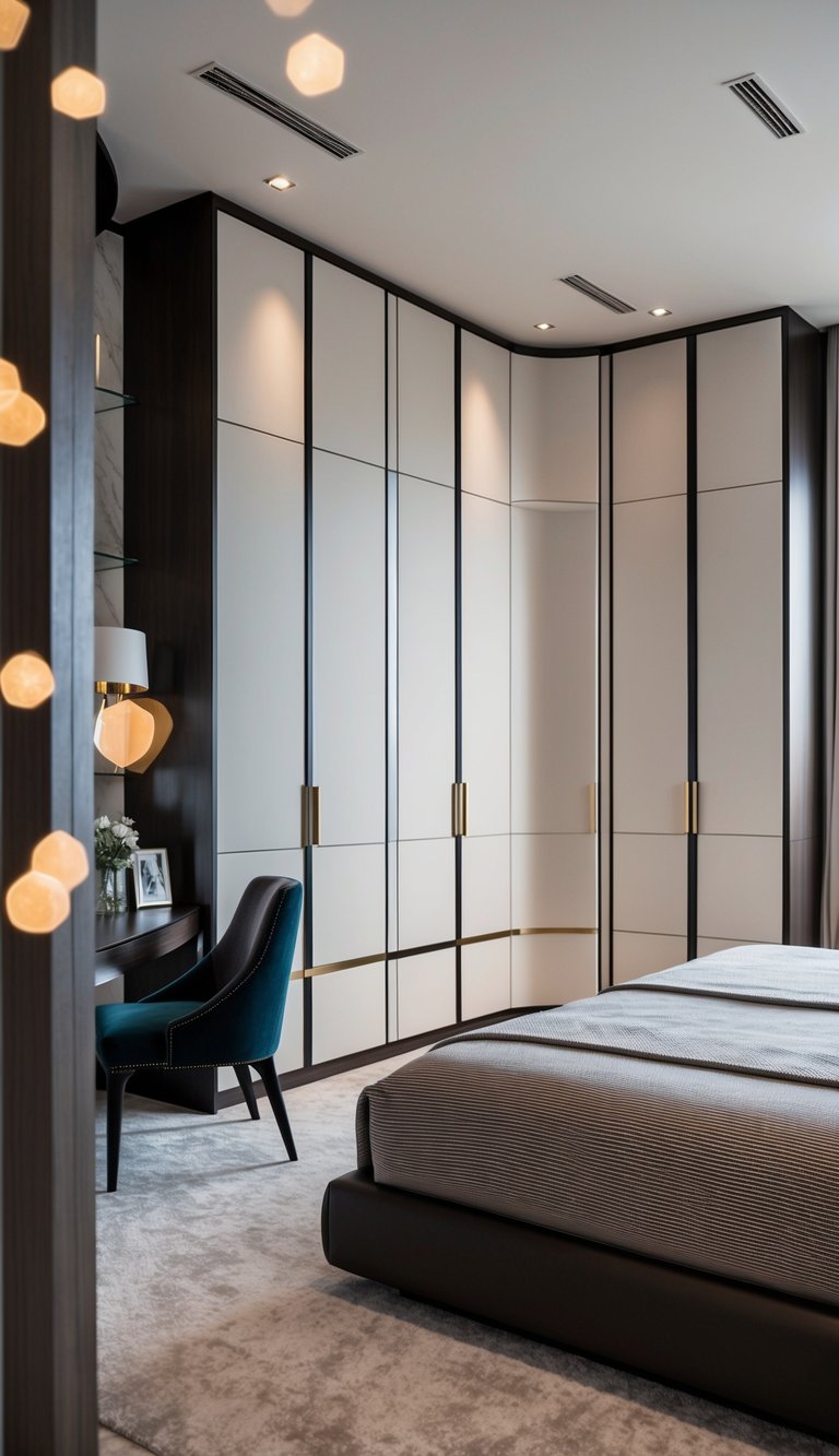 A sleek, modern bedroom with custom built-in wardrobes, featuring luxurious design elements and elegant decor