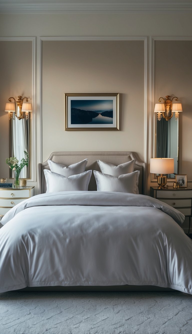A luxurious bedroom with a high-thread-count duvet cover, elegant decor, and soft lighting