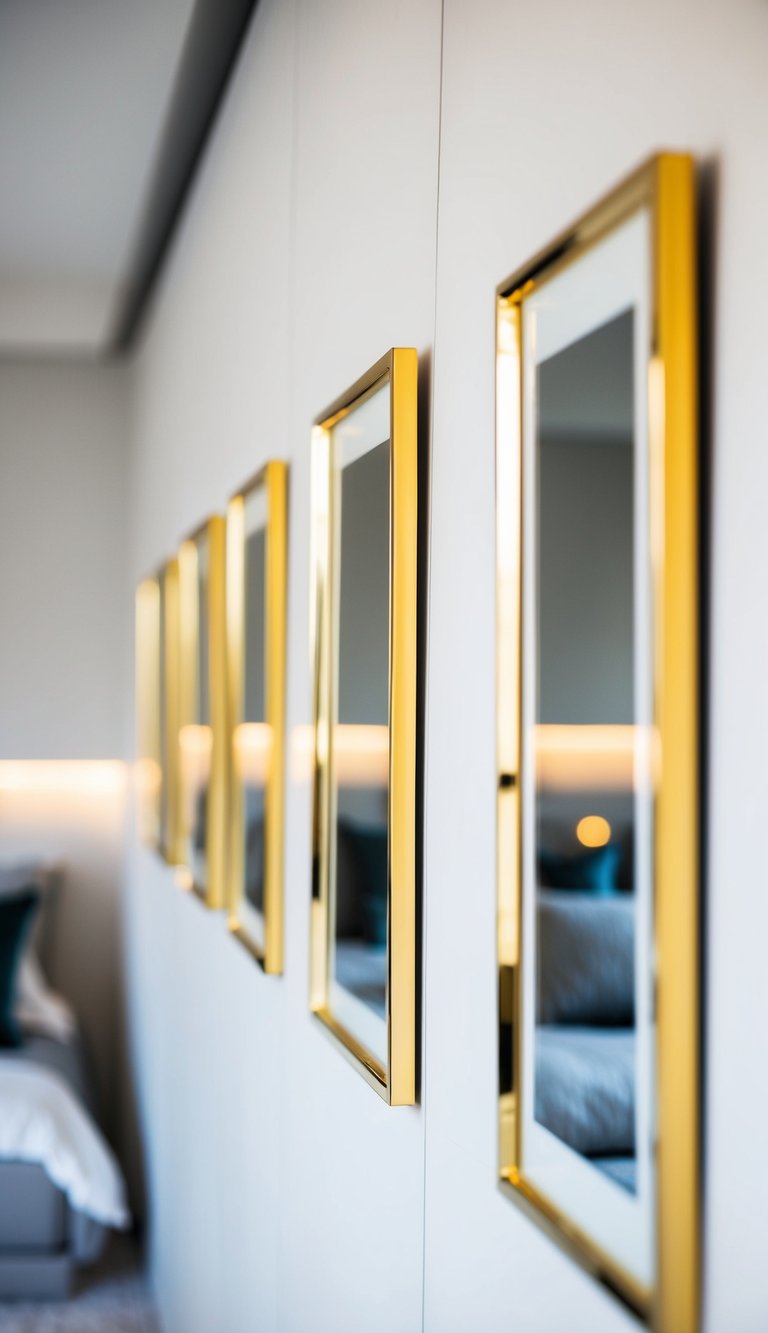 A row of sleek gold frames hangs on a white wall, reflecting soft light in a modern, luxurious bedroom