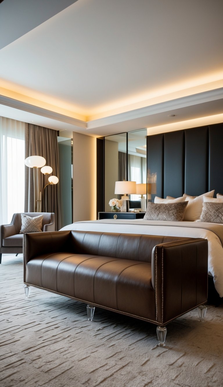A sleek, luxe leather bench sits in a modern bedroom, surrounded by opulent decor and soft lighting