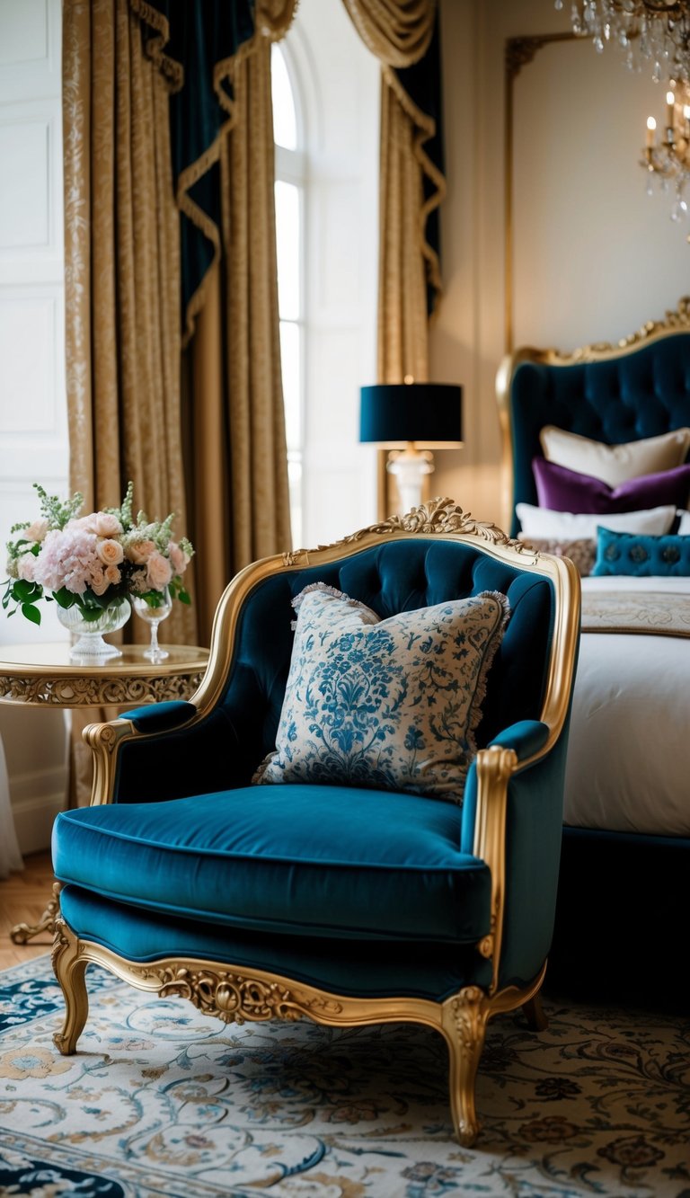 An opulent velvet armchair sits in a luxurious bedroom, surrounded by rich fabrics and elegant decor