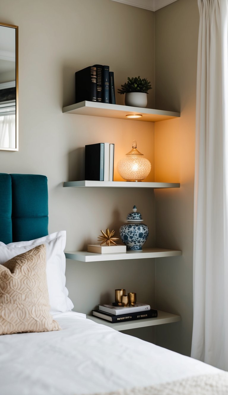 A cozy bedroom with floating bedside shelves holding elegant decor and soft lighting