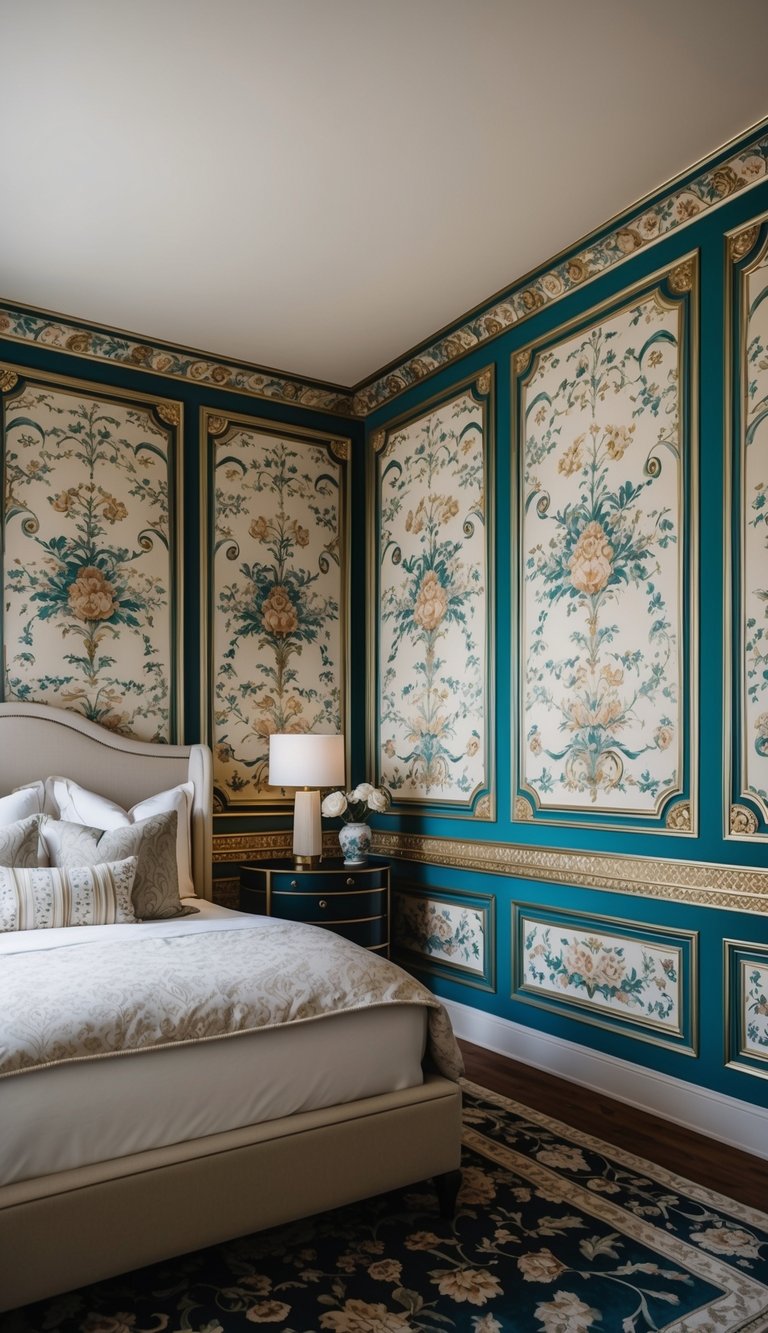 A bedroom with hand-painted wallpaper panels, luxurious and elegant. Rich colors and intricate designs create a sophisticated atmosphere