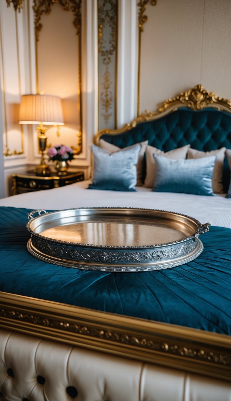 An antique silver tray sits atop a luxurious bed, surrounded by opulent decor and soft lighting