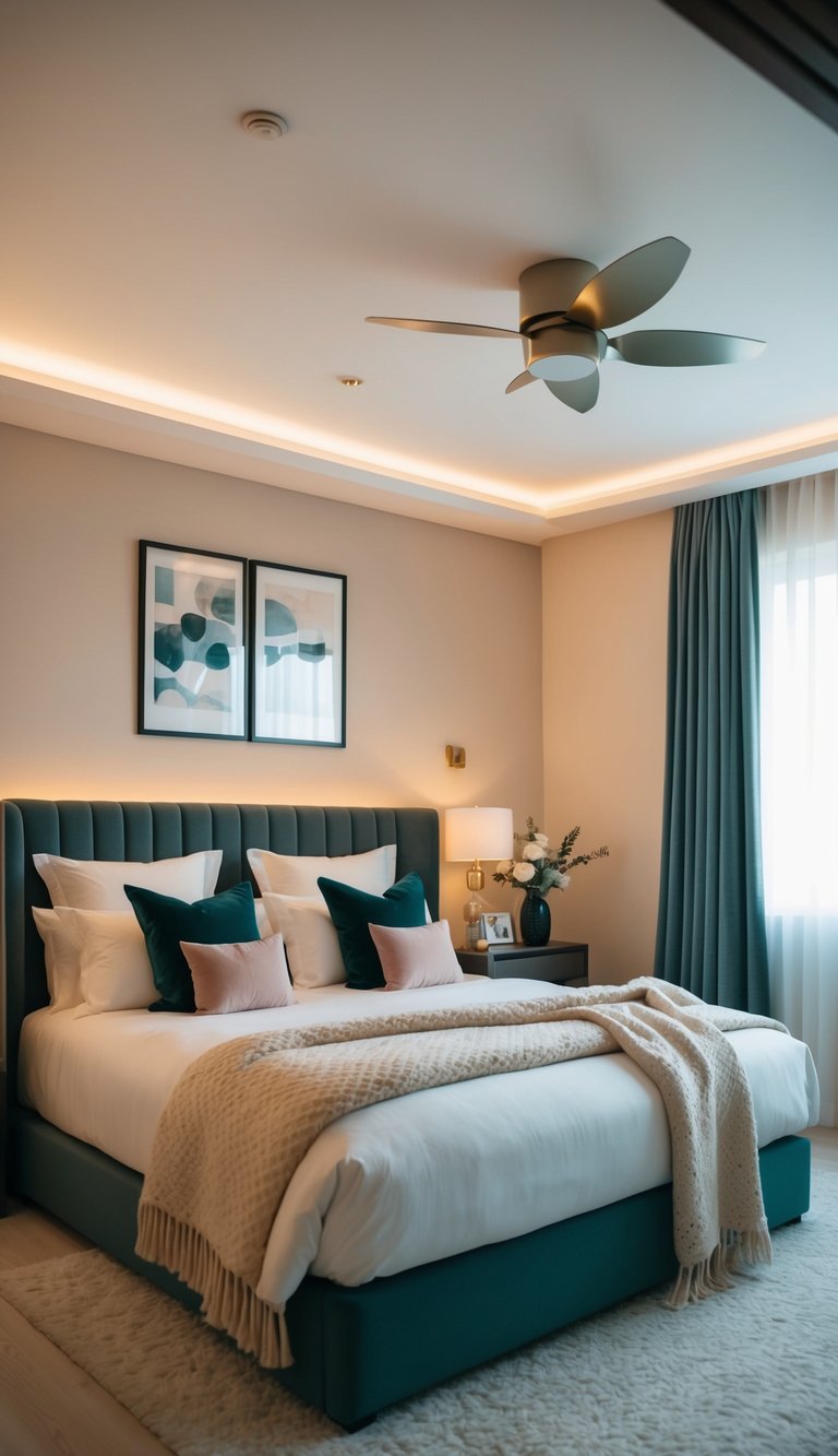 A cozy bedroom with smart ambient lighting, soft blankets, and elegant decor