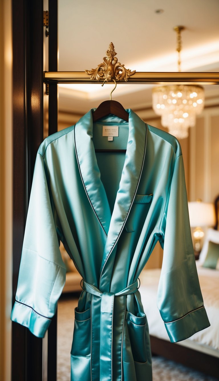 A silk robe hangs on a luxurious bedroom hook amidst opulent decor and soft lighting