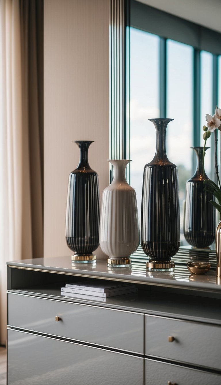 A sleek bedroom with chic vases on a dresser, elegant and luxurious