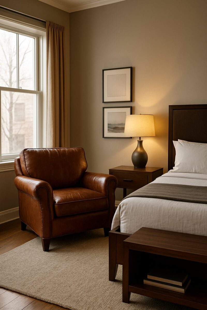 A leather armchair sits in the corner of a spacious men bedroom well lit