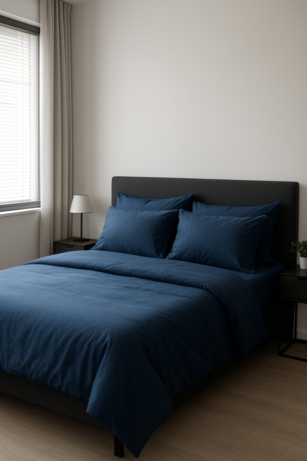 A cozy navy blue bedding set in a modern men's bedroom with clean lines and minimalistic decor
