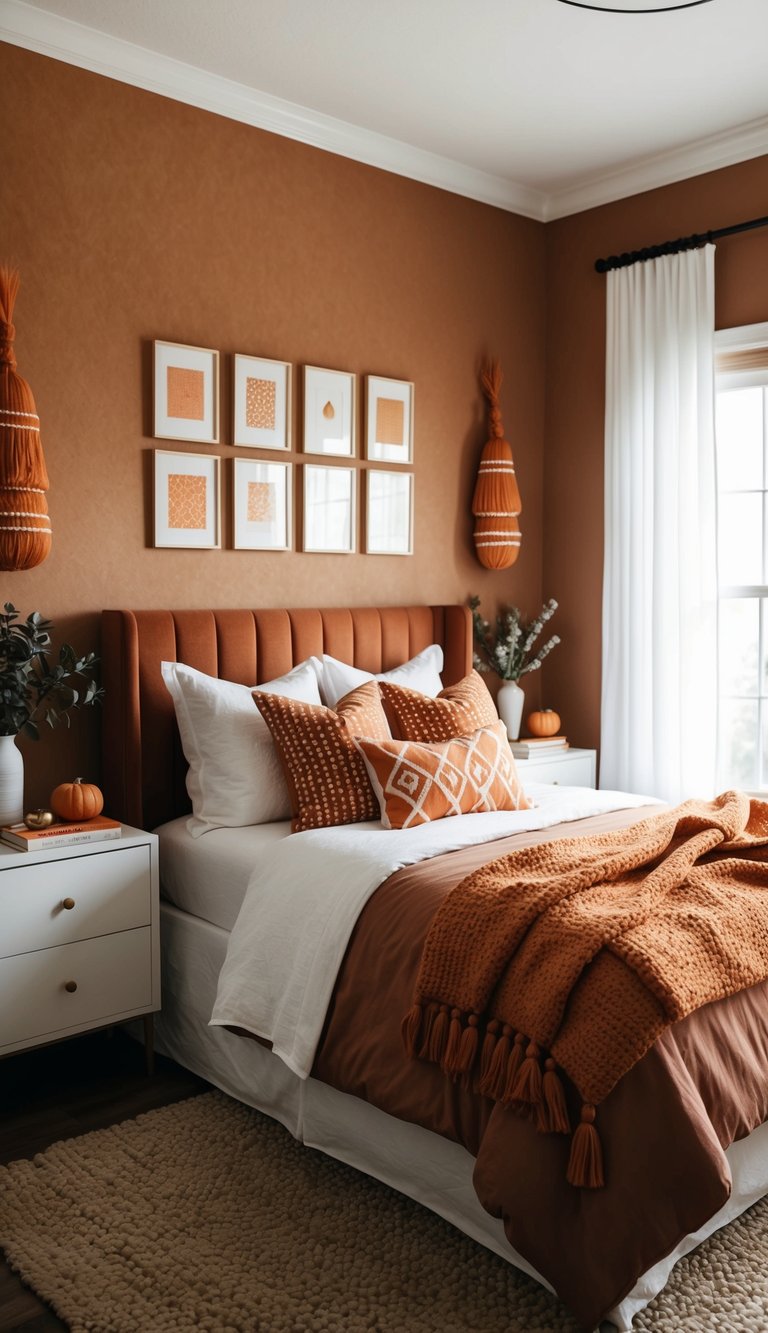 A cozy bedroom with warm terracotta walls and white trim, adorned with 25 orange-themed decor ideas
