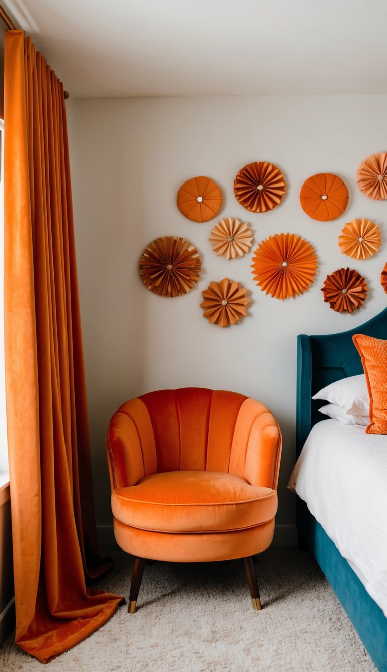 An orange velvet accent chair sits in the center of a cozy bedroom adorned with 25 different shades of orange decor